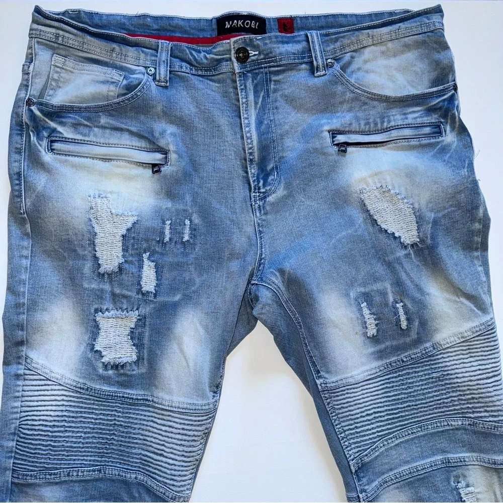 MAKOBI Prado Biker Jeans Light Wash Distressed Moto Rip & Repair Slim Fit 42x32
